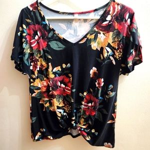 New Front Knot V Neck Short Sleeve Shirt Blouse Top Floral Cotton Blend Medium
